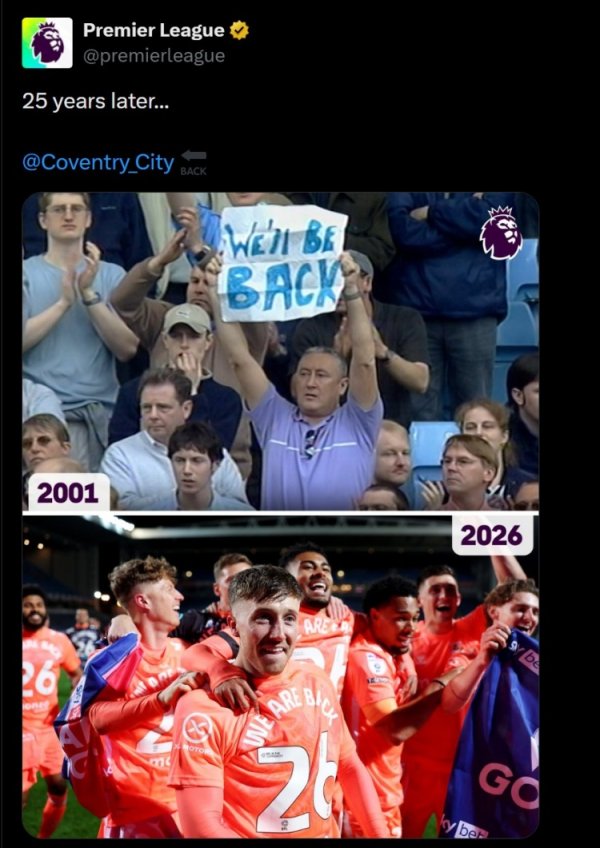 最好股票配资 时隔25年！英超社媒晒2001年考文垂球迷标语：我们会回来的